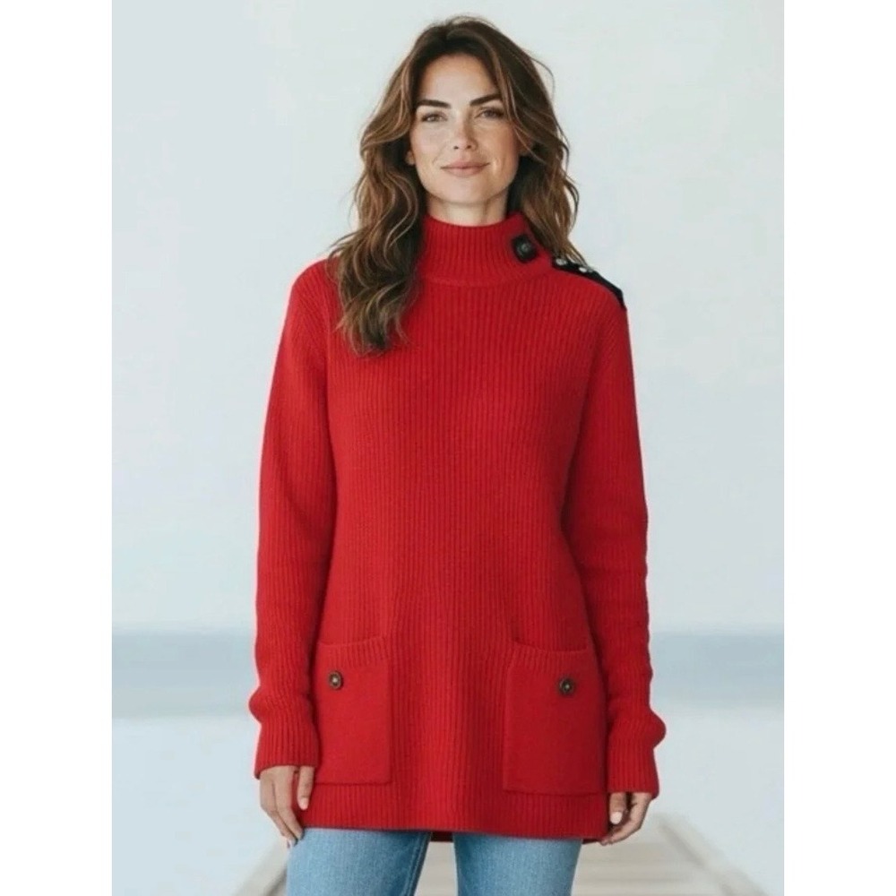 Chico's Touch of Cashmere Tunic Sweater Rojo Red Turtleneck Pockets Size 1 M